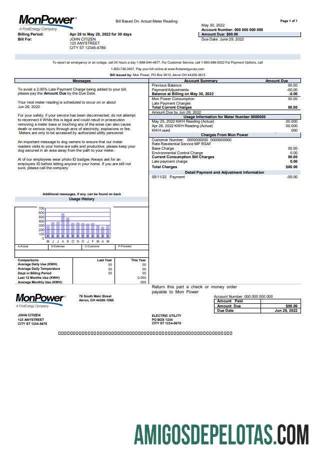 Em branco modelo de conta de serviços públicos de energia dos EUA em formato Word e PDF